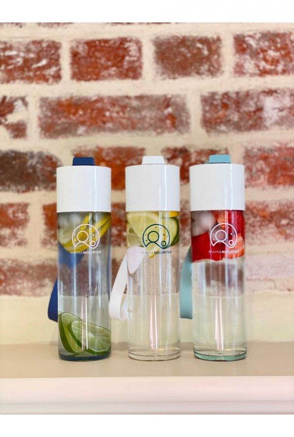 Three branded Mama Nourish water bottles in navy blue, green and clear
