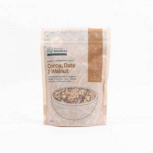 Cocoa, Date and Walnut overnight oats in a brown pouch against a white background