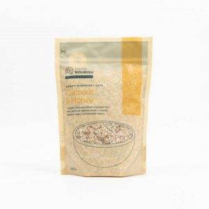 Coconut and Honey overnight oats in a light yellow pouch on a white background