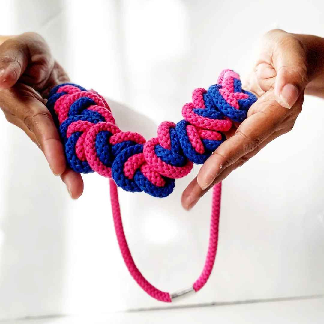 Knotted cotton necklace in bright pink and blue