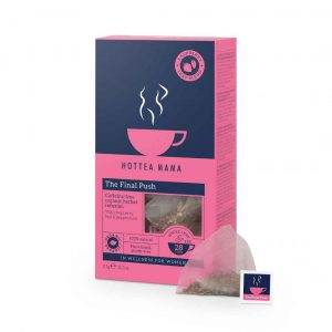 Organic red raspberry leaf tea in a pink and blue box